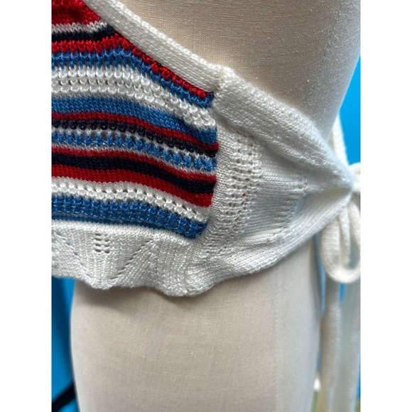 Juniors L Striped Halter Crop Top Crochet Knit Back Tie Summer Beach USA - Picture 4 of 9